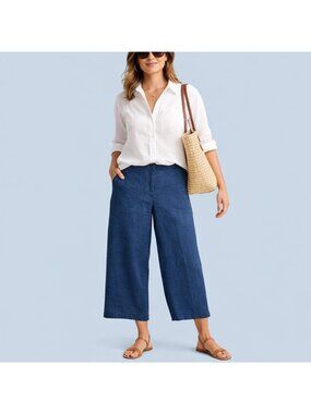 J.Jill Love Linen Wide-Leg Crop Pants Blue  Petite Small